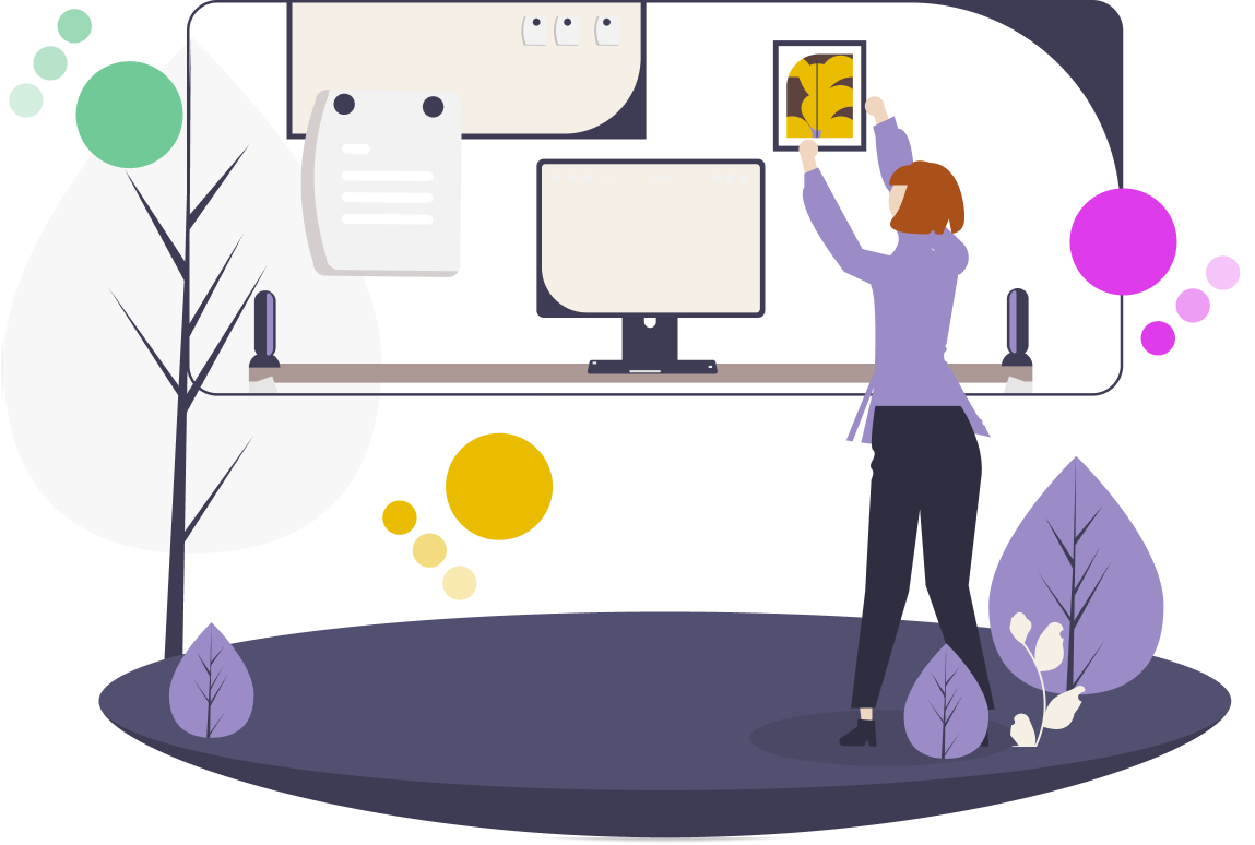 Illustration depicting a designer sketching user flows and referring to research materials